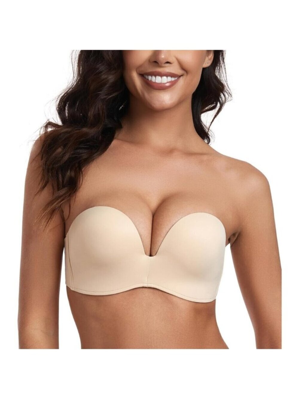 Women's Beige Strapless Bra Push Up Anti-slip Support Lift Up Wire-free Bra